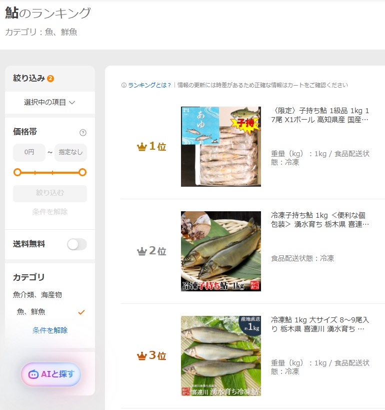 鮎売上ランキング1位 高知県産カネミツ養鮎子持ち鮎